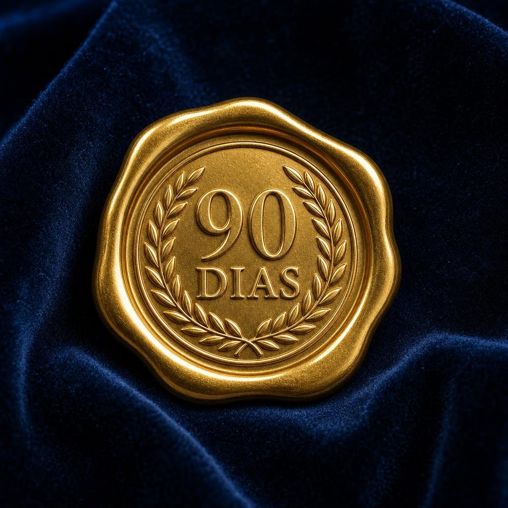 Selo de garantia de 90 dias em ouro sobre veludo navy
