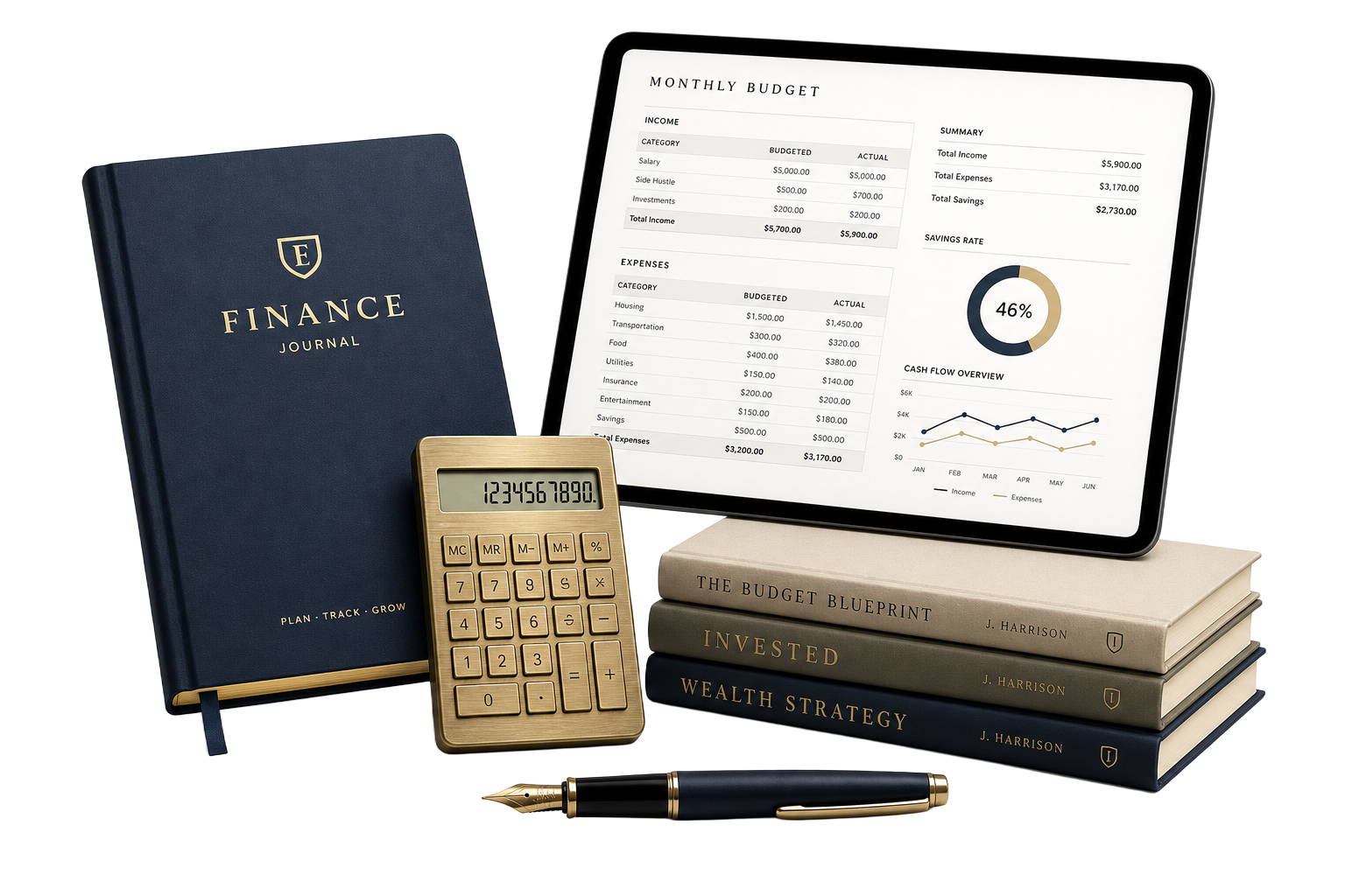 Componentes do método Dinheiro como Ferramenta — caderno, calculadora, planilhas e livros